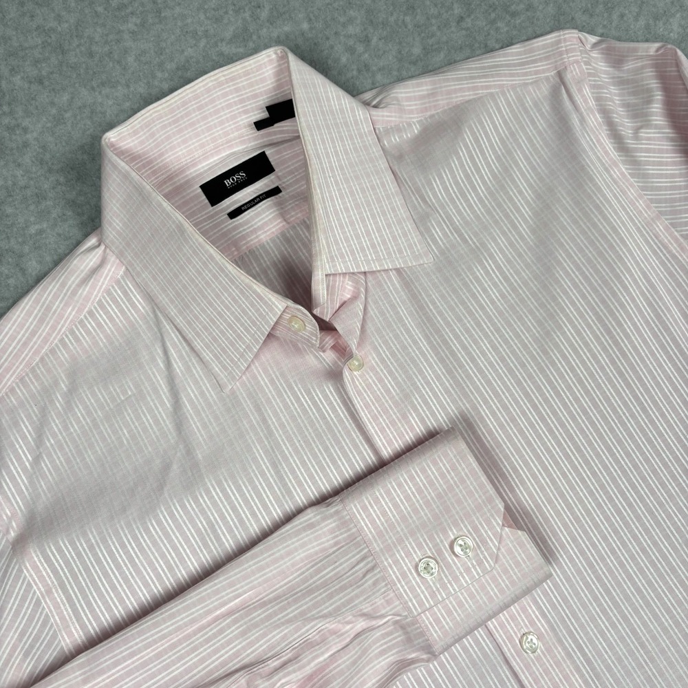 BOSS Hugo Boss Dress Shirt Mens 16 32/33 Pink White Pinstripe Cotton L/S